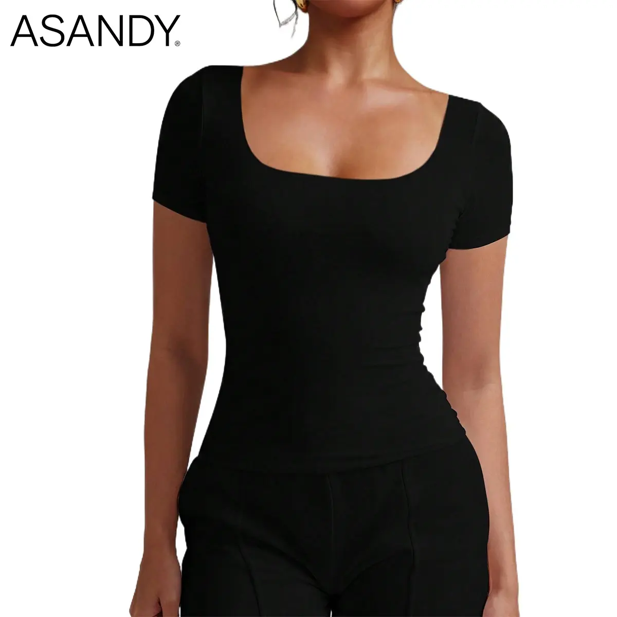 ASANDY Women's Sleek Double-Lined Breathable Short Sleeve Square Neck Fitted Crop Top - Fitness Apparel, Casual Sports Tops, Activewear Gym Athletic Wear for Summer Sports & Outdoor, Tops For Women