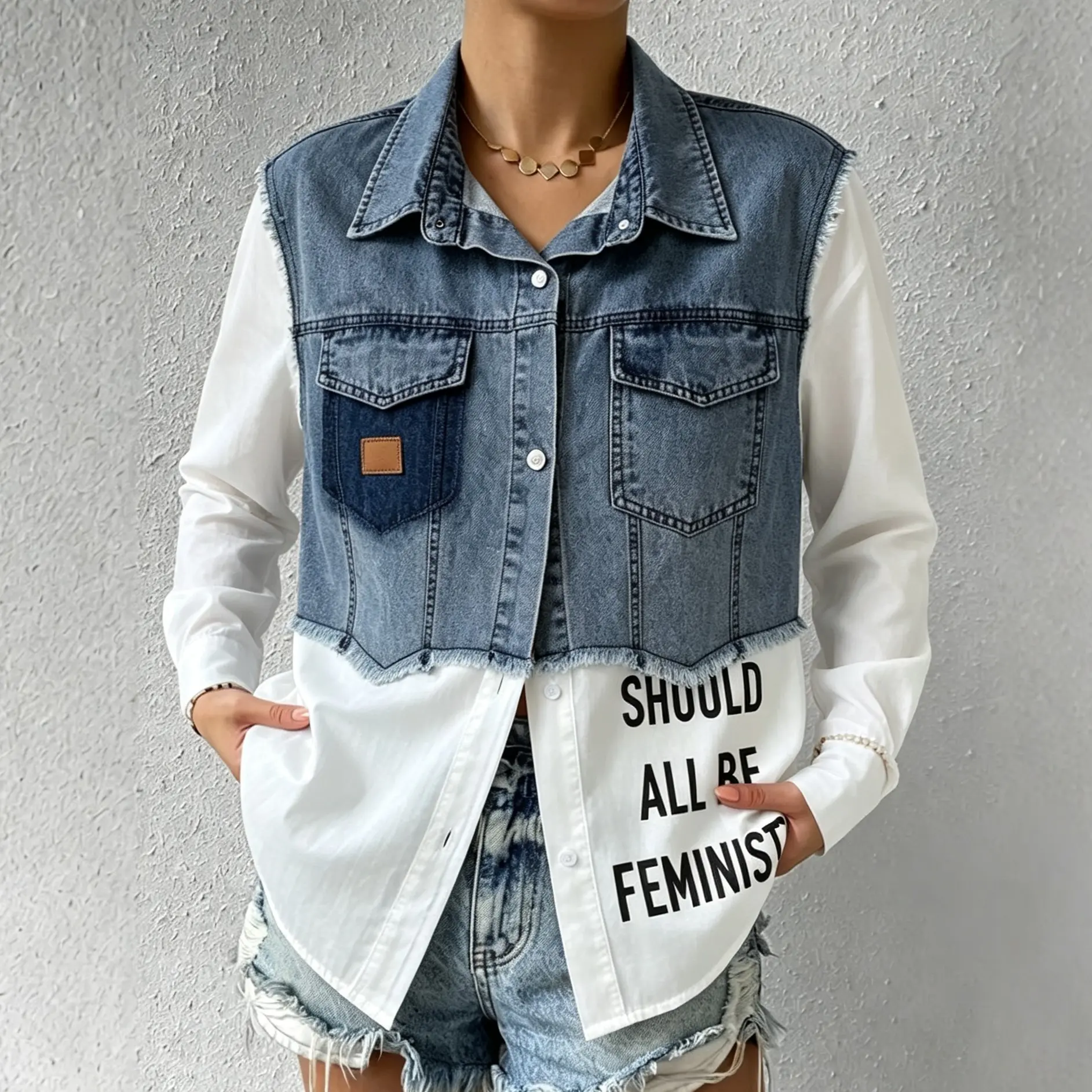 Women's Denim Shirts Jacket, Collared Long Sleeve Spliced Casual Outerwear, Fake 2-Piece Style Top for Everyday Womenswear