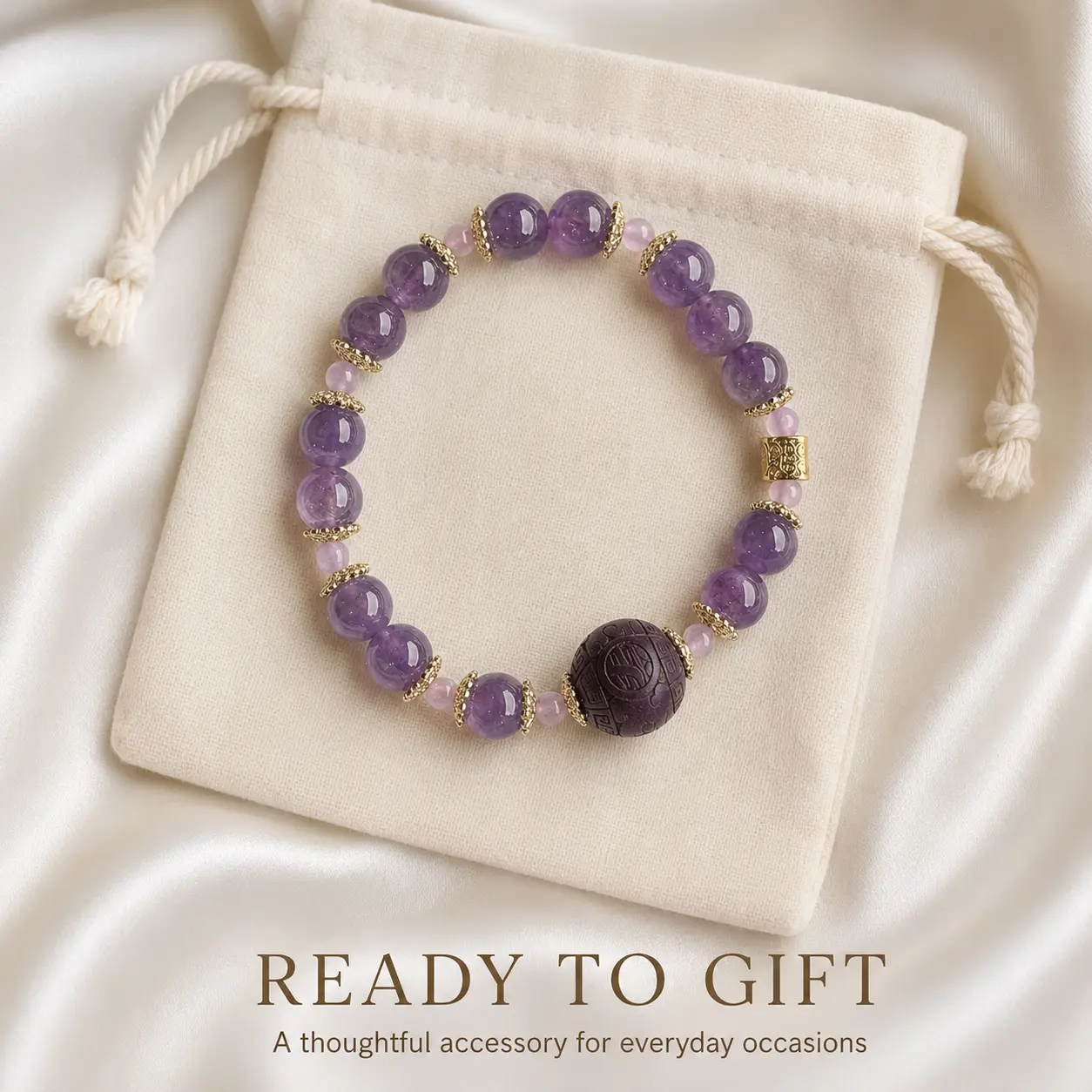 Women's Round Beads Natural Amethyst Gemstone Bracelet - Carved Blended Incense Center Bead, Gold-Tone Accents, Elegant Daily Wear Jewelry Gift