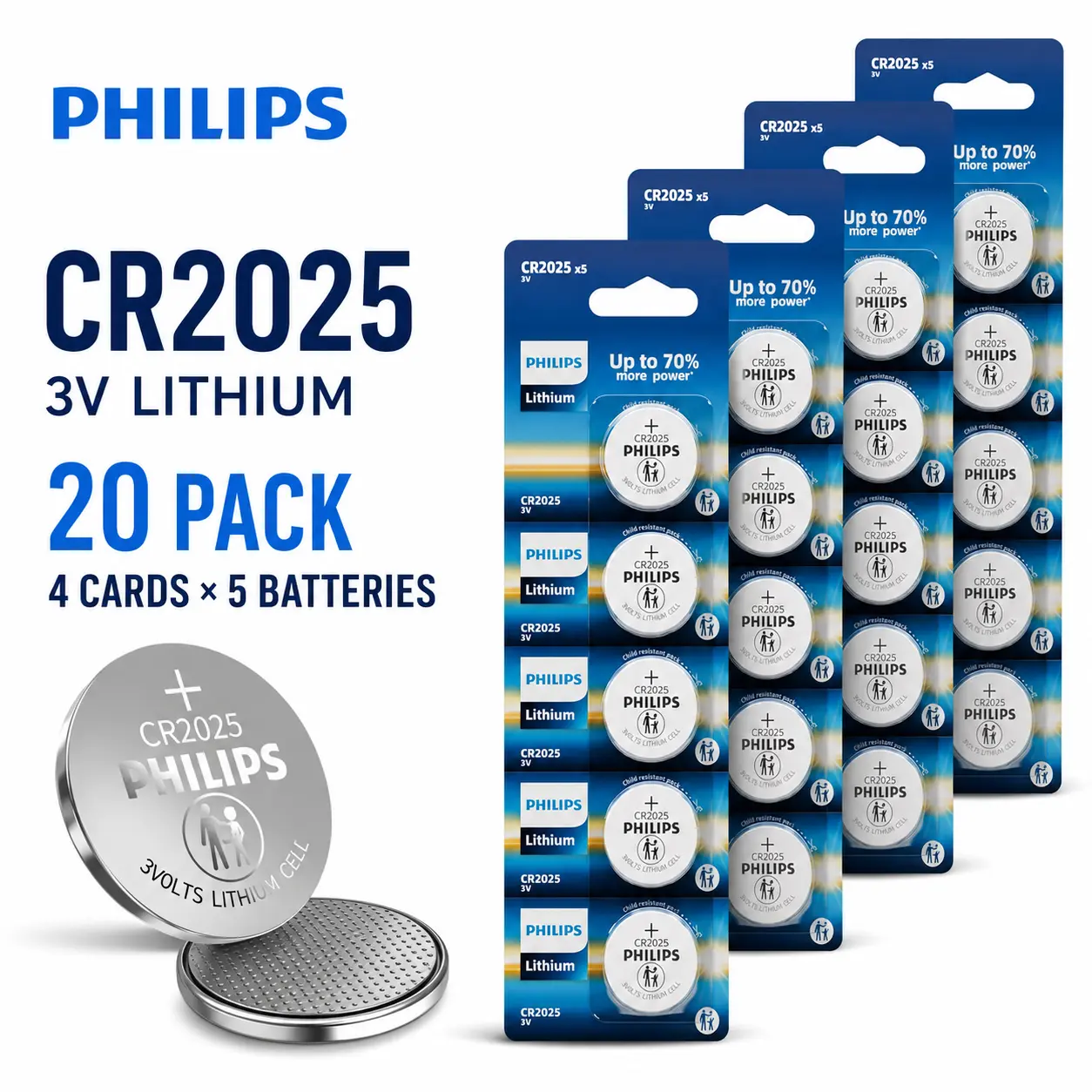 PHILIPS CR2025 3V Lithium Coin Batteries - 3V Power, Long-Lasting, 5/20 Pack, 10-Year Storage Life, Leak-Proof Design for Car Key Fobs, Watches, Small Electronics, Device
