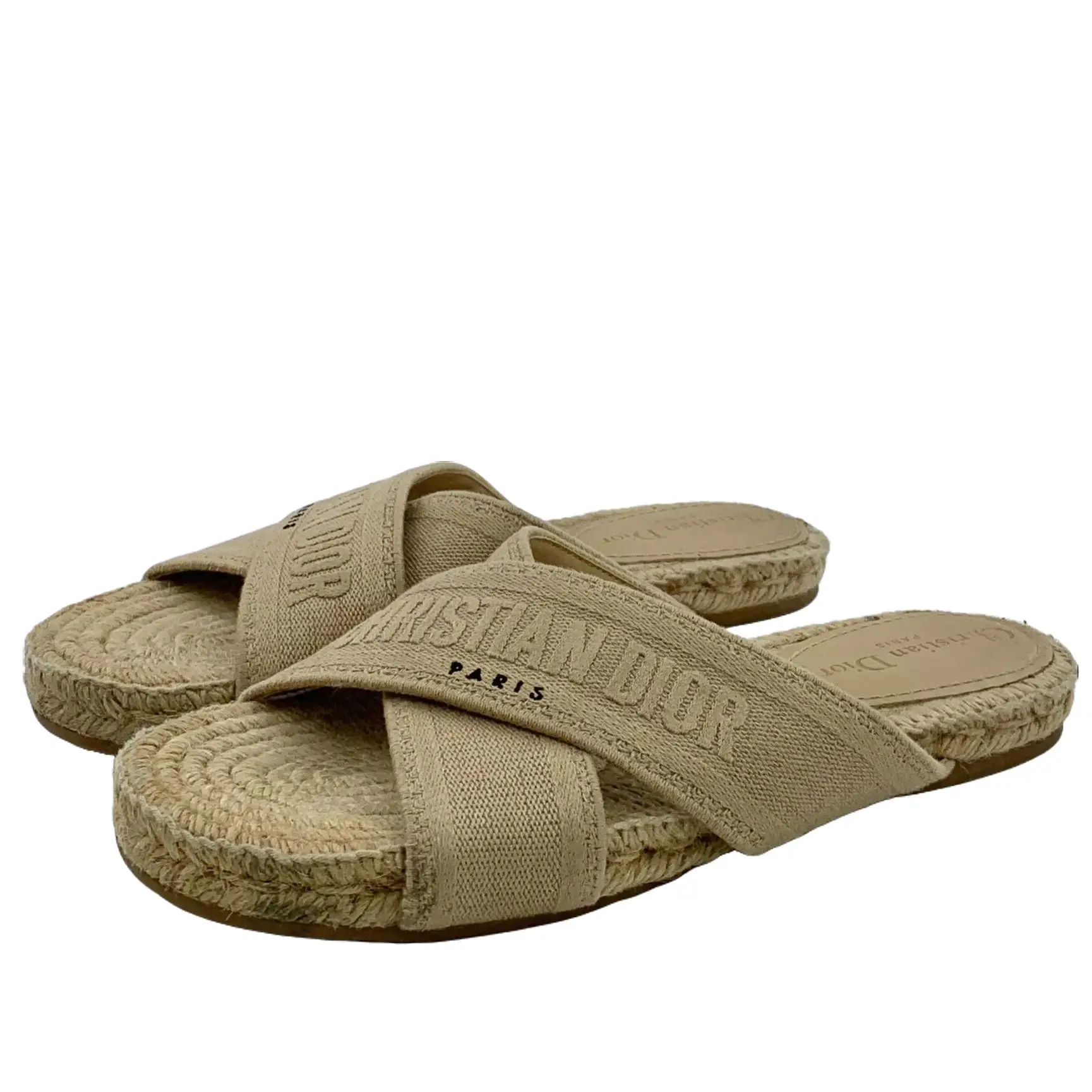 RDLT-Dior Size 38.5 Light Brown Logo Embroidered Casual Flat Espadrille Slides-X35372