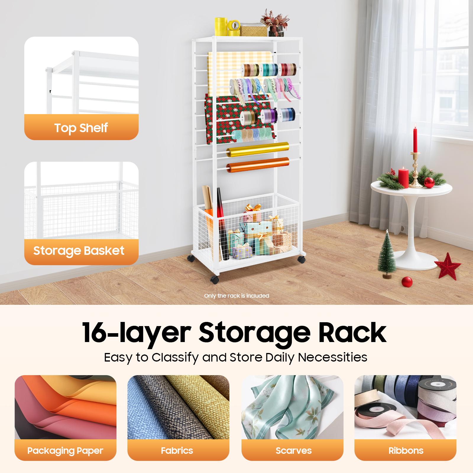 Industrial 16 Tier Double Sided Rolling Craft Rack with Locking Wheels for Ribbon Fabric Scarf Storage Display Organizer Heavy Duty Metal Shelving Unit Black White Freestanding