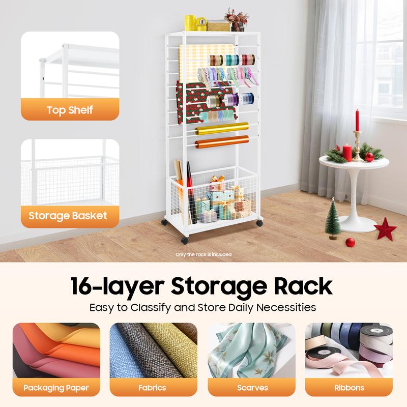 Industrial 16 Tier Double Sided Rolling Craft Rack with Locking Wheels for Ribbon Fabric Scarf Storage Display Organizer Heavy Duty Metal Shelving Unit Black White Freestanding