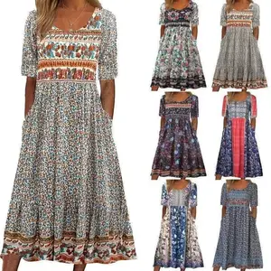 going outfits 2024 New Women's round Neck Short Sleeve Length Dress Bohemian Print Blue Casual