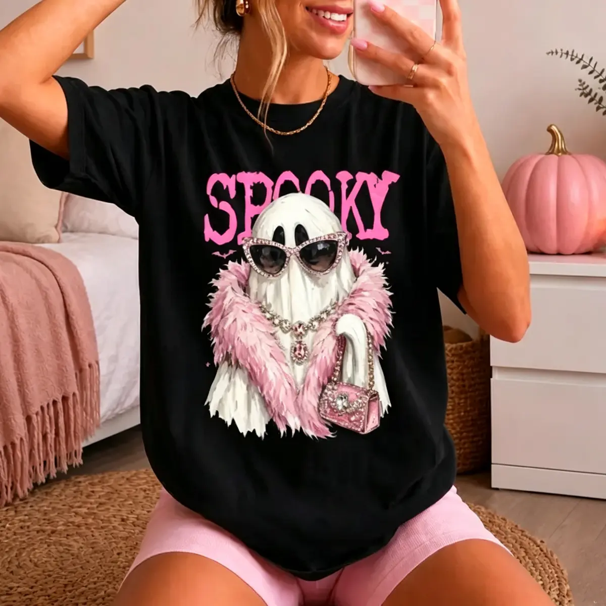 Spooky Ghost With Boa Shirt, Trendy Halloween Women's Tee