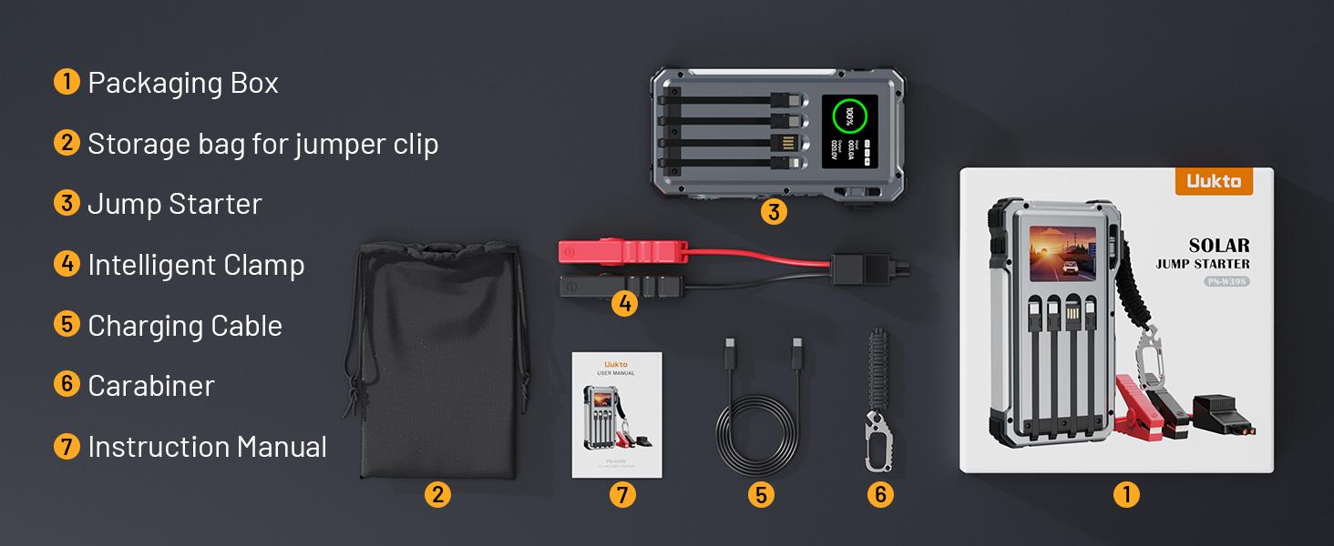 UUKTO 44400 mWh Solar Charger Power Bank 45 Watts Fast Charging Power Bank Bank Built in 4 Cables 7 Outputs  for All Mobile Devices, Winter savior Portable Car Jump Starter, 5000A Car Battery Jump Starter