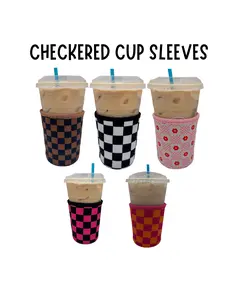 Stylish Checkered Design Coffee Sleeves & 12oz Can Cooler Coozies - Sweat Proof -Reusable Drinkware Covers for Beverages - Eco-Friendly & Convenient