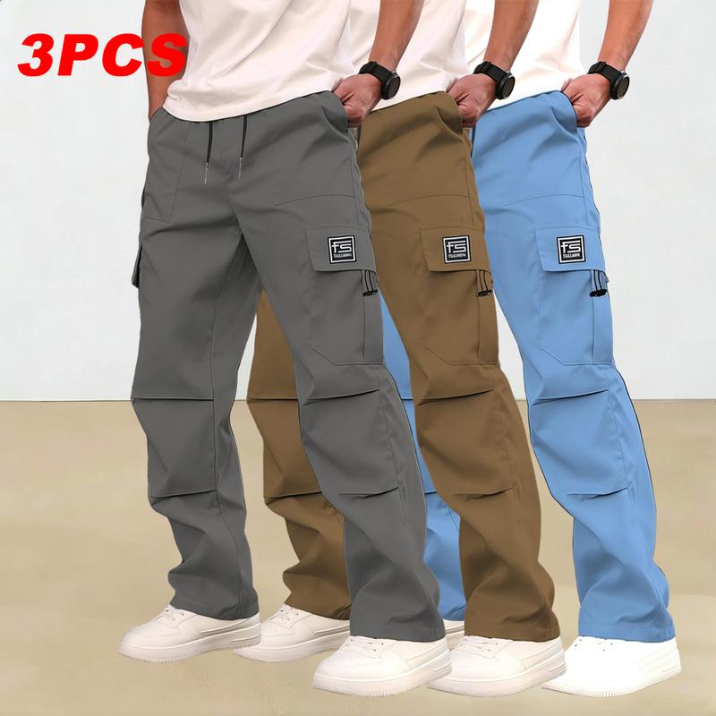 Men's multi-pocket work pants, 3-pack, suitable for all seasons and machine washable; mid-rise with drawstring closure; non-stretch polyester fabric; casual wear with pockets; versatile cargo pants