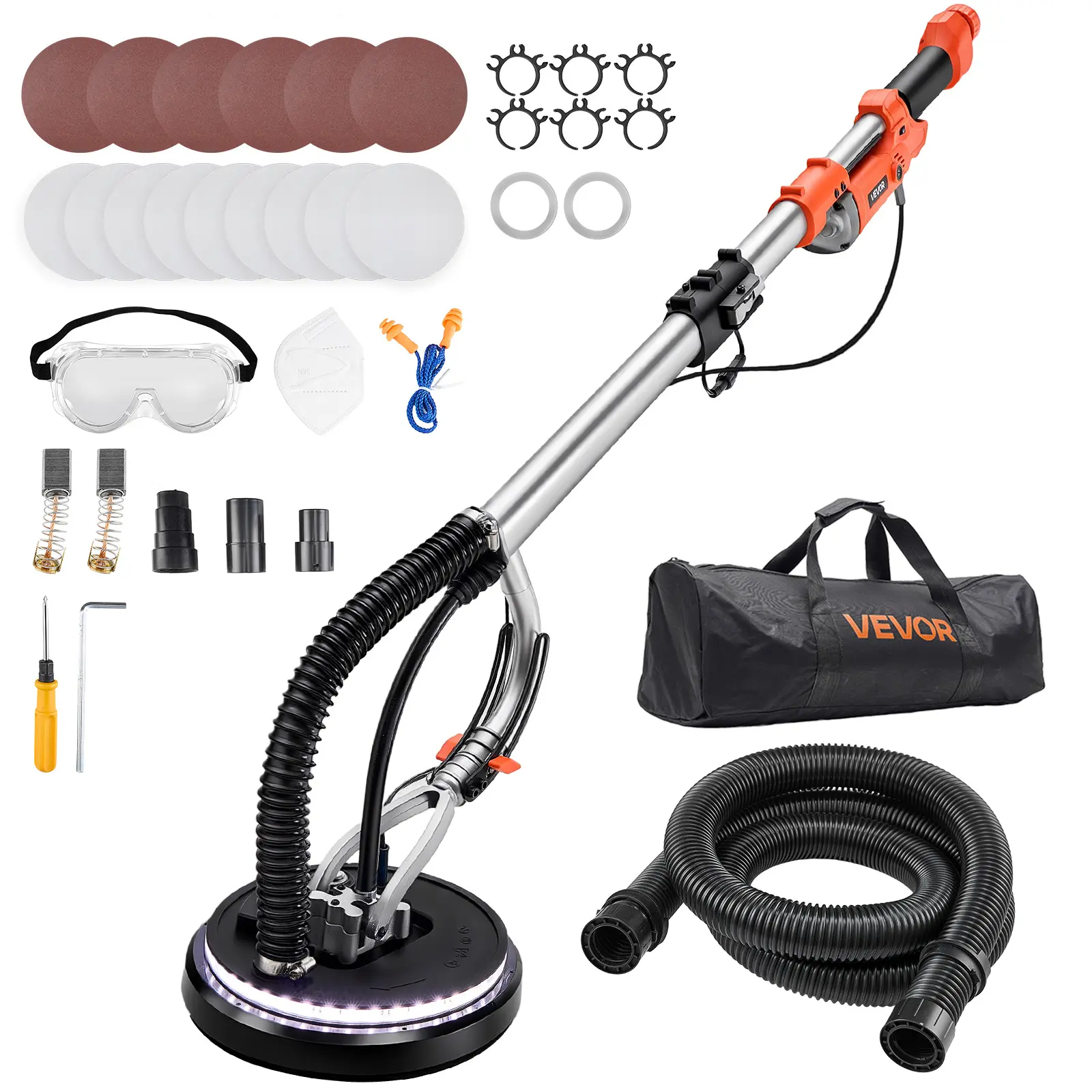 VEVOR 1010W Electric Drywall Sander Power Tool for Fathers Day & DIY Projects, 7 Speed (1000-2200 RPM), 90° Swivel Foldable-Extendable Handle, Double-Deck LED Light Kit, 15 Sanding Discs, Dust Hose