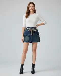 Denim Mini Cargo Skirt with Scarf Belt