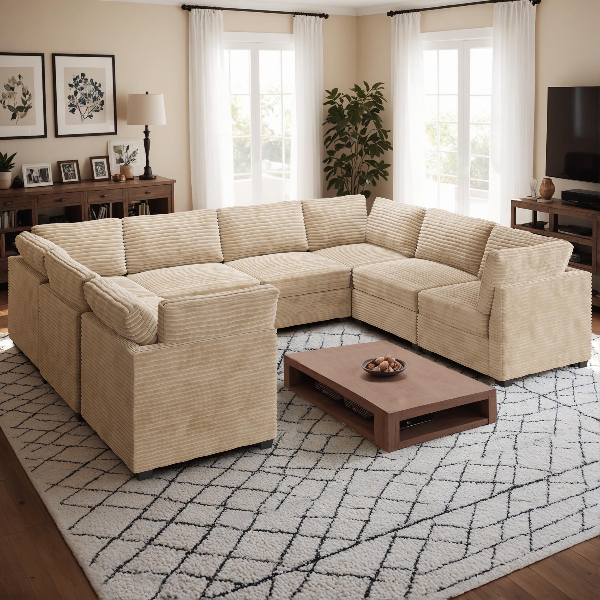 CAODOC Oversized U-Shaped Sectional Couch Sofa Living Room, Modern U-Shaped Convertible Sofabed Plush Corduroy Upholstered Sofa&Couch and Pillows,Free Combination