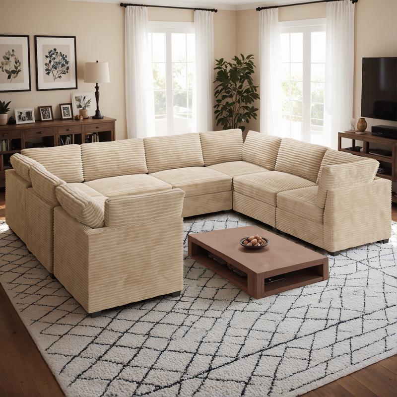CAODOC Oversized U-Shaped Sectional Couch Sofa Living Room, Modern U-Shaped Convertible Sofabed Plush Corduroy Upholstered Sofa&Couch and Pillows,Free Combination