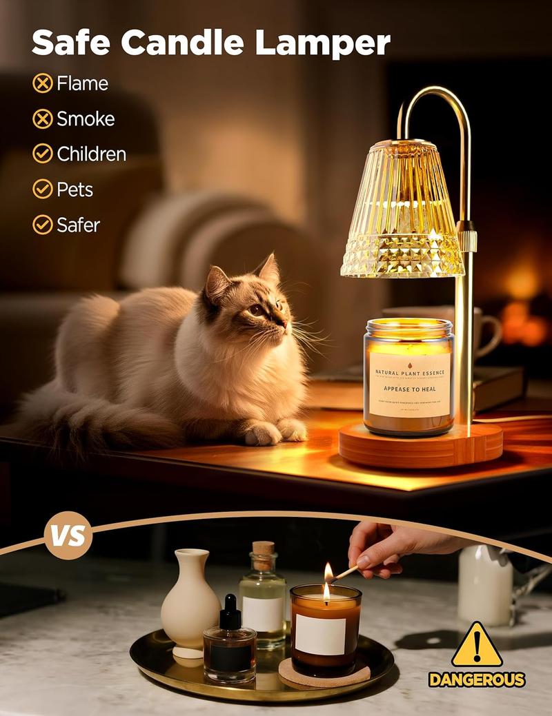 Limited Luxury Wax Warmer Lamp! Dimmable Aromatherapy Candle Lamp, Retro Glass Shade, Bedroom Ambient Sleep Aid Lamp，House Warming Gifts New Home,Gifts for Women, Golden Glass Shade, Wood Base