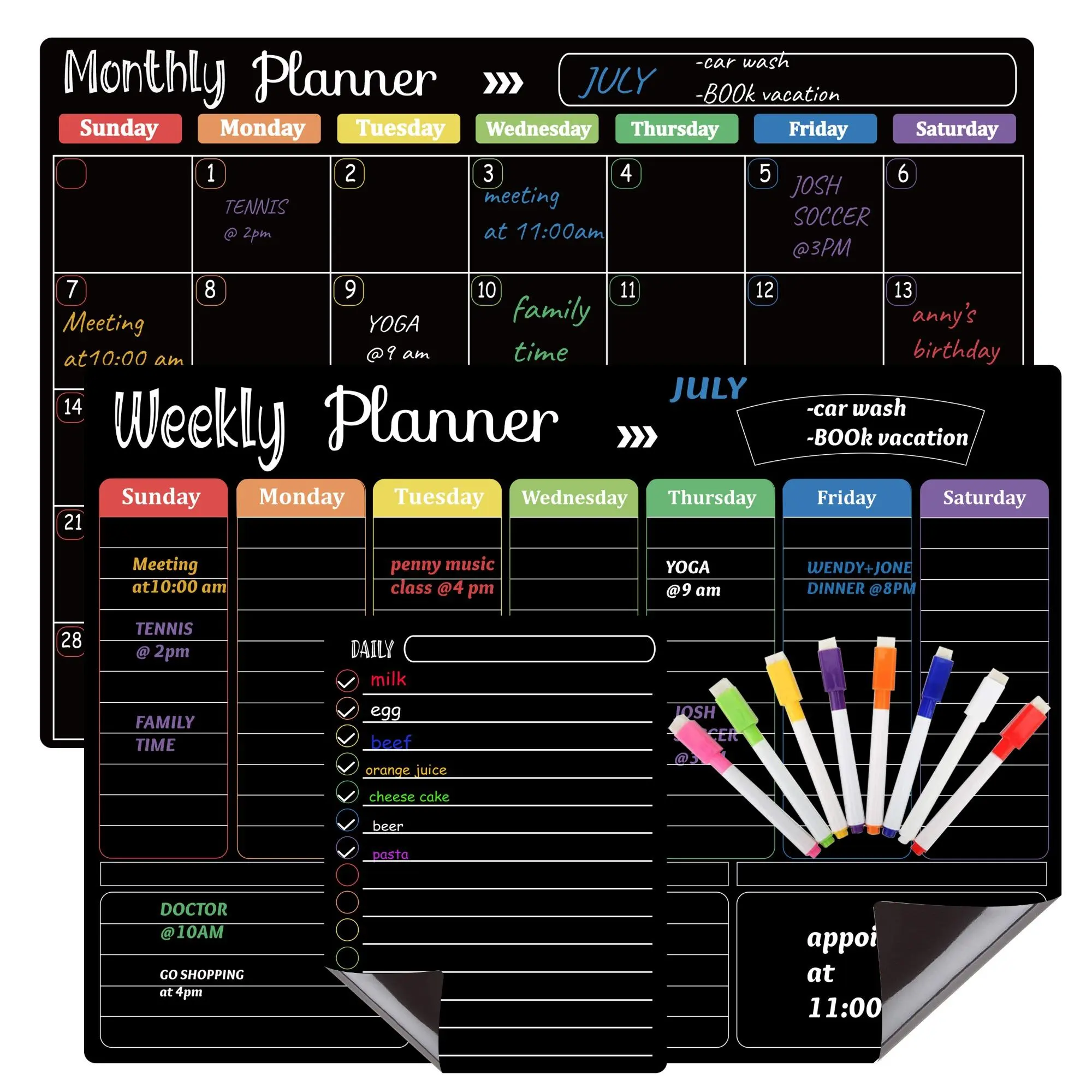 1-Set, Black Dry Erase Planner Boards, Magnetic Weekly Fridge Calendar with 8 Markers, Daily Weekly Monthly Organizer, Schedule Planner, for Refrigerator Home Office