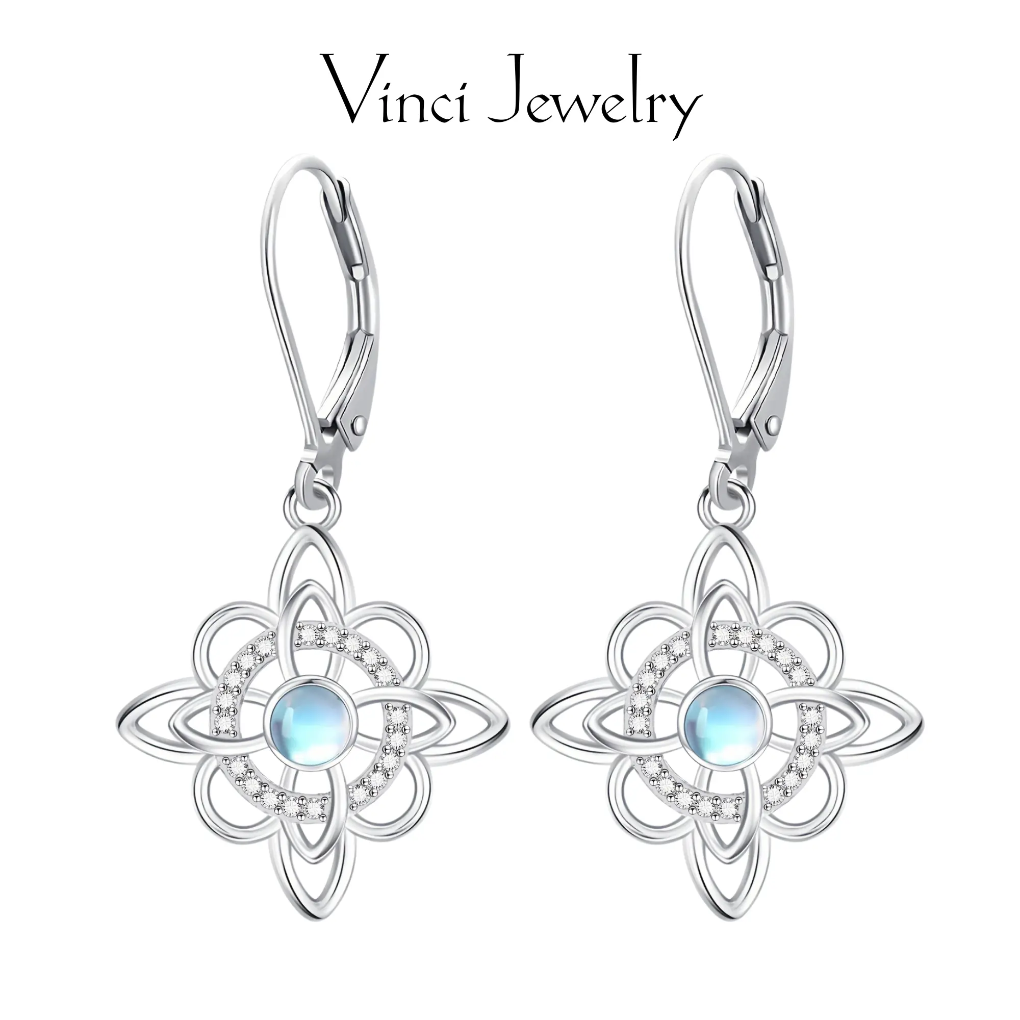 925 Sterling Silver Witch Knot Earrings Synthetic Moonstone & Cubic Zirconia Dangle Earring, 925 Plata Aretes de Nudo de Bruja con Piedra Luna