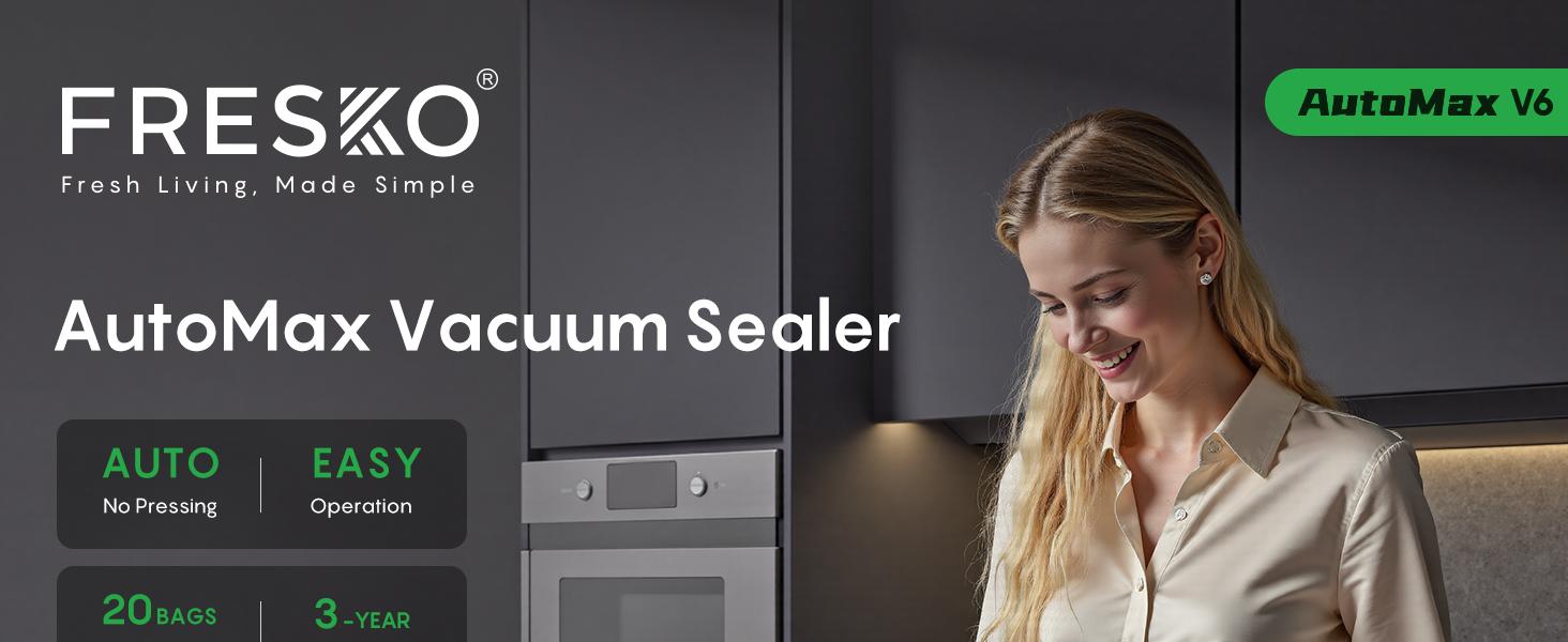 FRESKO AutoMax V6 Automatic Vacuum Sealer Machine, Double Heat Seal Food Saver with Built-in Cutter & Bag Storage, Includes Bags & Rolls FRESKO AutoMax V6 Automatic Vacuum Sealer Machine, Double Heat Seal Food Saver with Built-in Cutter & Bag Storage, Includes Bags & Rolls