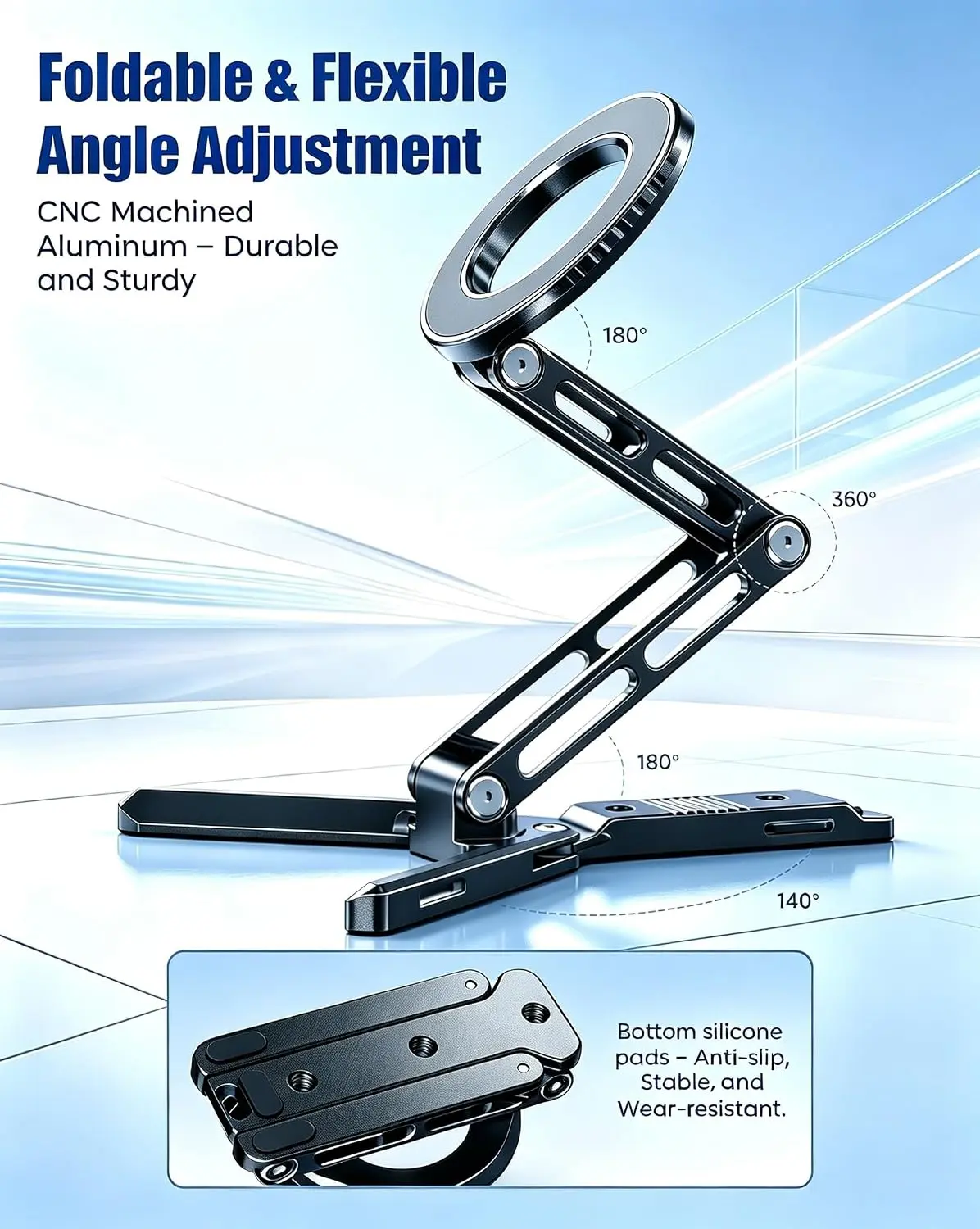 CAMBOFOTO Magnetic Phone Camera Holder with Aluminum Compact Fold Mini Tripod Stand (Black) - Adjustable MagSafe-Compatible Mount, Strong Magnet Ring Grip for iPhone, Android, Desk Calls, Landscape Vlogging