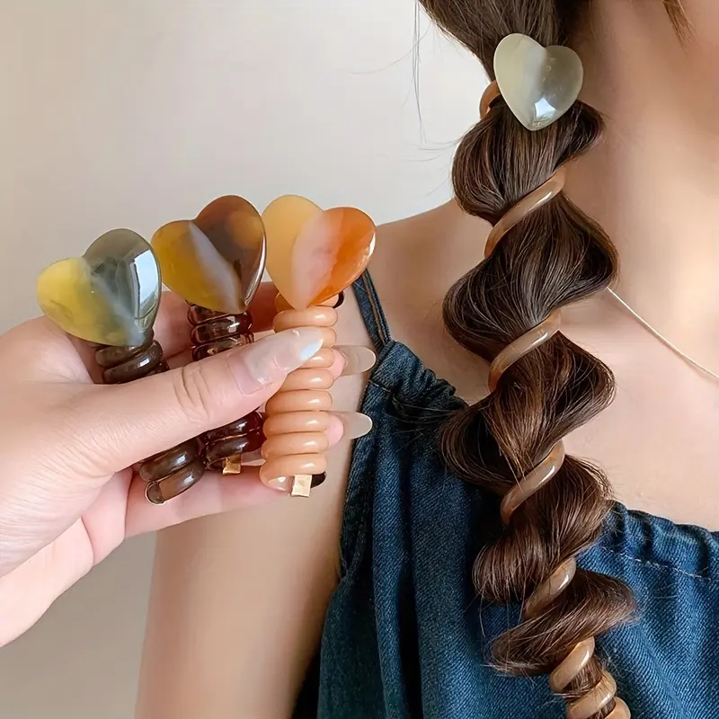 Vintage Minimalist Beaded Heart-Shaped Spiral Hair Tie - Multicolor Resin Ponytail Holder with Heart Charm for Braided Hairstyles, Love Motif, One-Piece