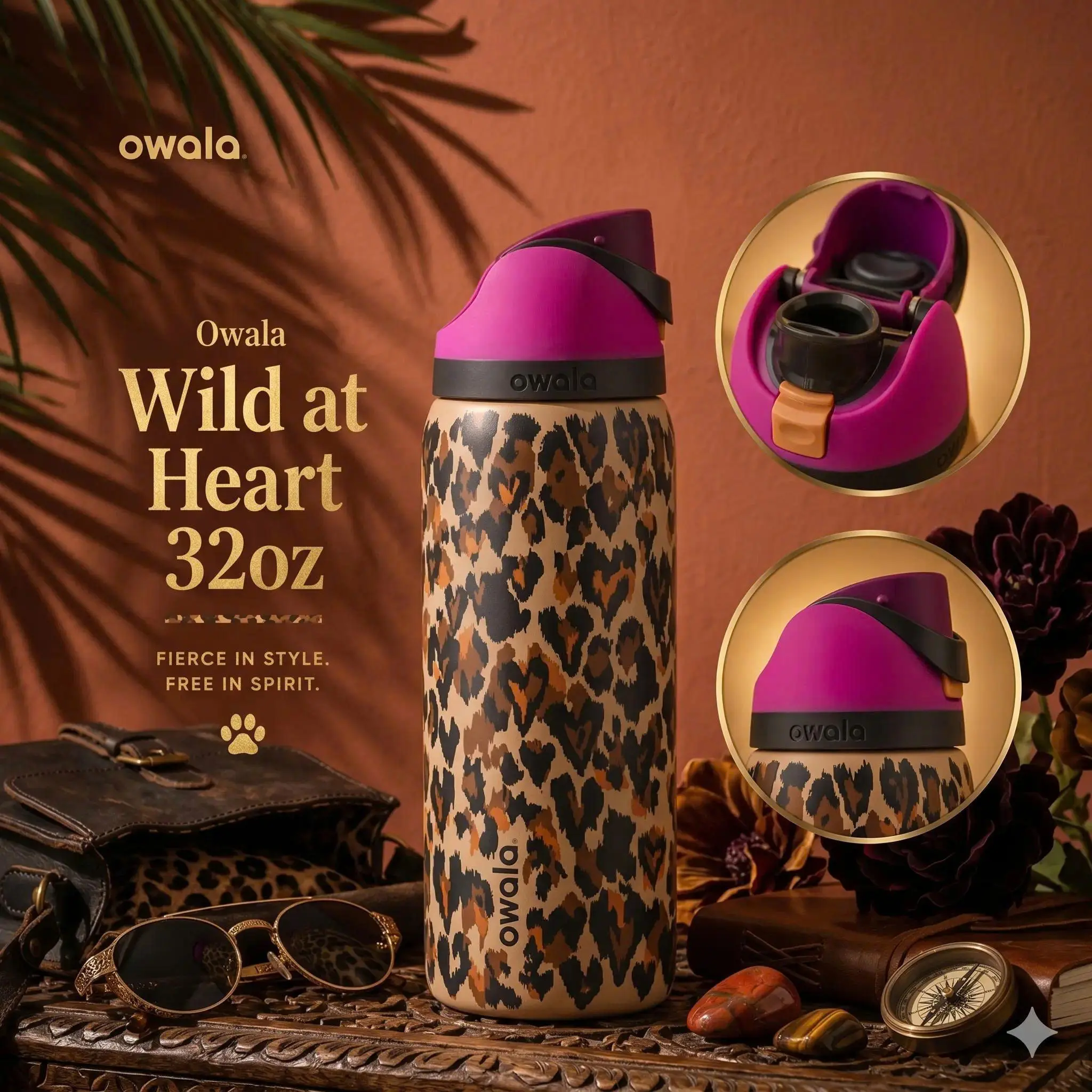 NEW Owala Wild At Heart 32oz Free Sip Limited Edition UO Cheetah Print Vacuum Flask Drinkware