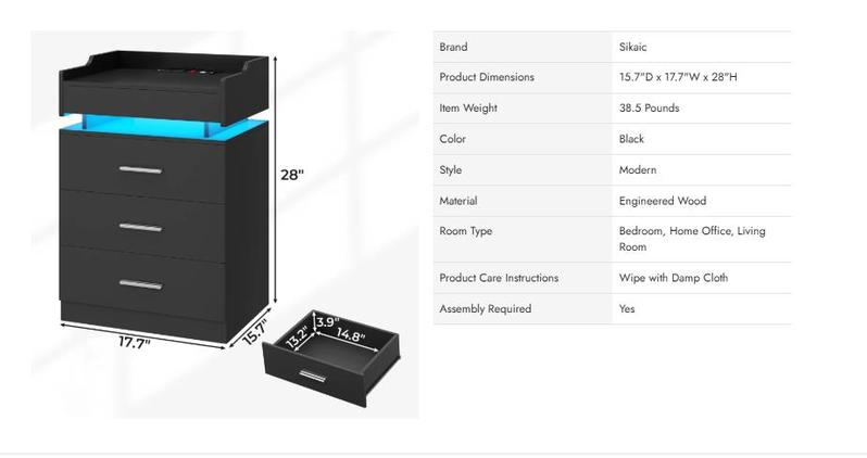 Sikaic Modern Large Nightstand Bedside Table Cabinet with Drawer Storage Charging Station and LED Lights Wood Bedside Table Bedroom Furniture