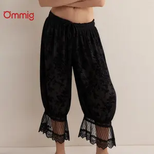 Ommig Women's Ladies' Velvet Lantern Pants – Bohemian-Style Short Wide-Leg Pants with Lace Ruffles