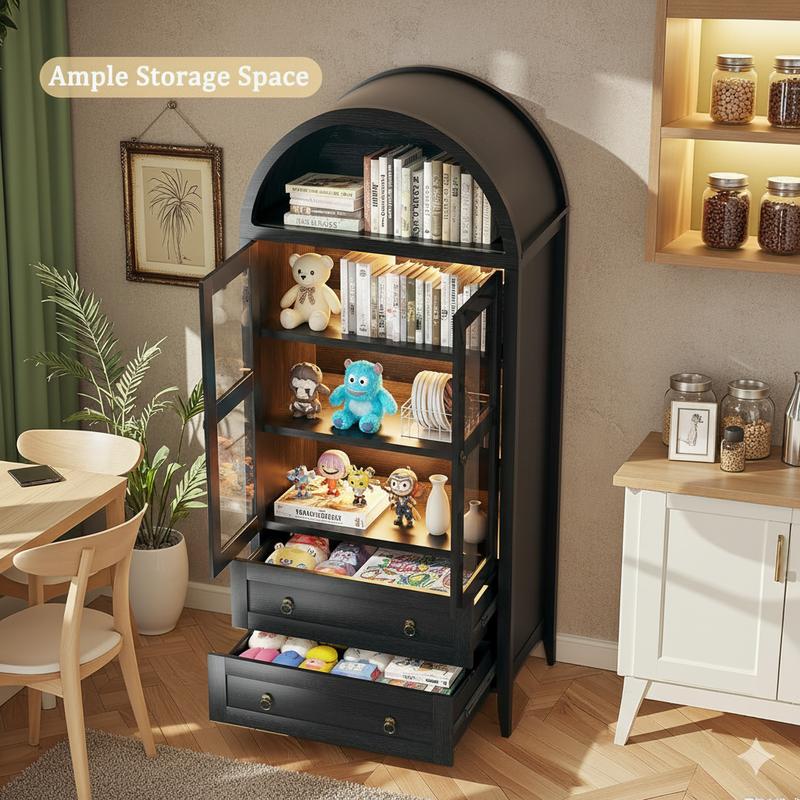 71" Tall Arched Kitchen Pantry, Pantry Cabinet, Kitchen Storage Cabinets with 2 Large Drawers & Adjustable Shelves & Glass Door for Living Room, Dining Room, Black
