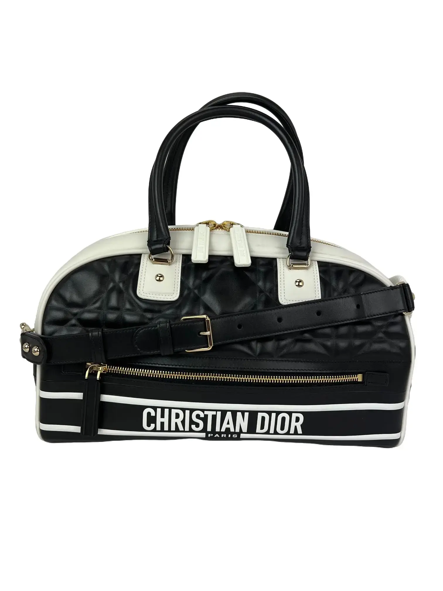 Pre-owned Dior LAMBSKIN Shoulder Bags Christian Medium Cannage Material Shoulder Bag Vibe Zip Bowling Style with Gold Accents, 13.5 in Size, Included Dust Bag
