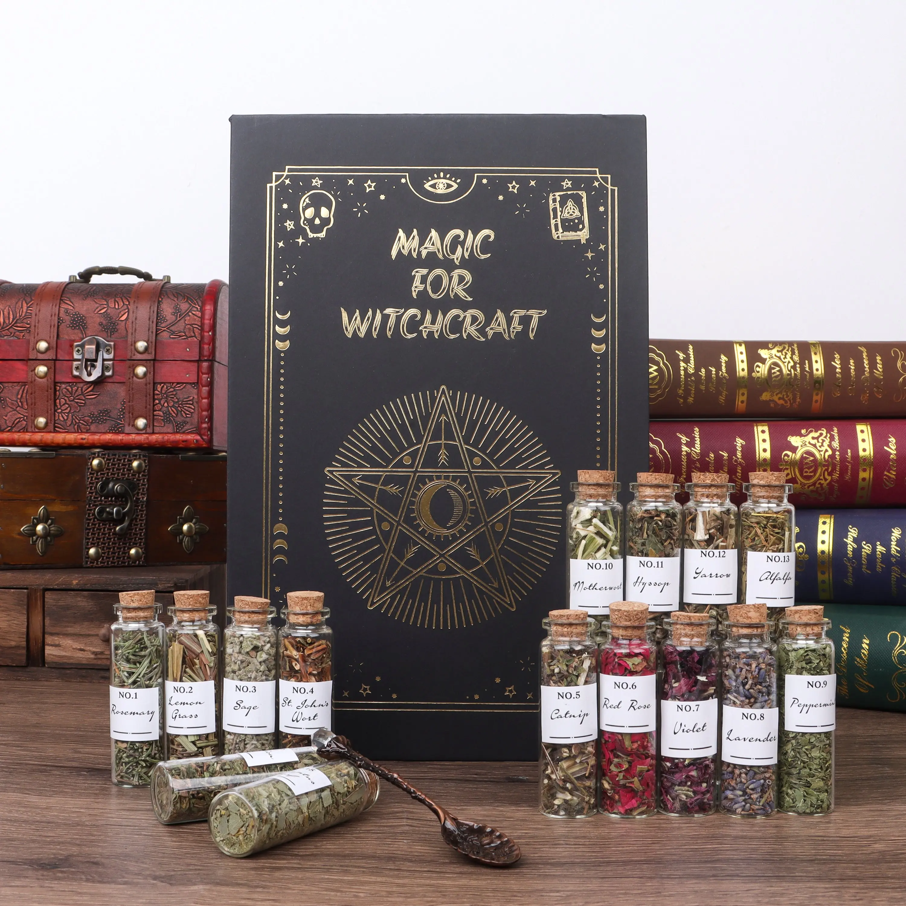 Handcrafted Potion & Herb Chest Set (30-45 Pcs) - Home Fragrance Dried Herb Box with Numbered Labeled Glass Bottles, Genuine Wiccan Botanicals Lavender, Altar Crafting Supplies for Witchcraft Practitioners, Weddings, Gift
