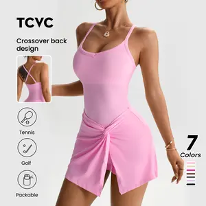 TCVC The 2 In 1 Anti-Exposure Casual Elegant Golf Tennis Dress, Sleeveless Everyday Basic New Stylish Waist-Tie Advanced Slimming Sexy Figure-Flattering College-Style Beautiful Back Tight-Fitting Sports Fitness Tie-Waist Yoga Dress