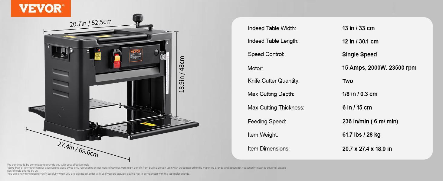 VEVOR Thickness Planer, Single Speed, 13" Width Worktable Benchtop Planer, Two-Blade, 15-Amp 1800W Powerful Motor, 12" Extended Infeeding Table, Low Noise for both hard & soft wood material removal