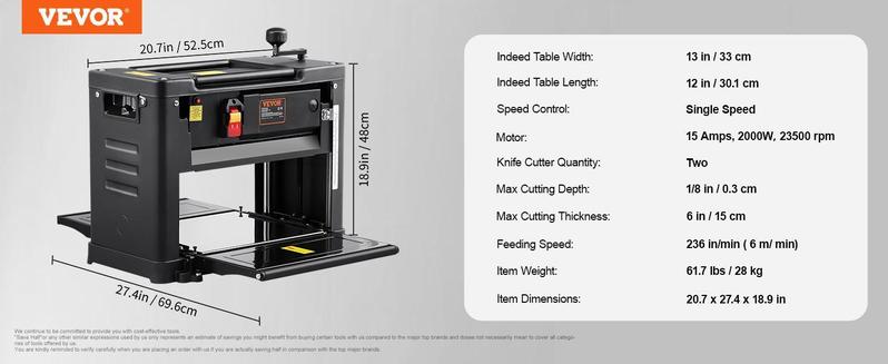 VEVOR Thickness Planer, Single Speed, 13" Width Worktable Benchtop Planer, Two-Blade, 15-Amp 1800W Powerful Motor, 12" Extended Infeeding Table, Low Noise for both hard & soft wood material removal