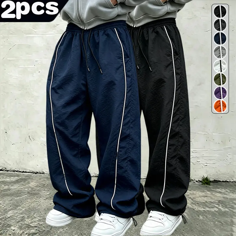 Summer two-color patchwork quick drying casual pants for men, trendy brand loose wide leg paratrooper pants, elastic waistband drawstring, foot binding, two in one sports pants, American retro drape, versatile floor pants