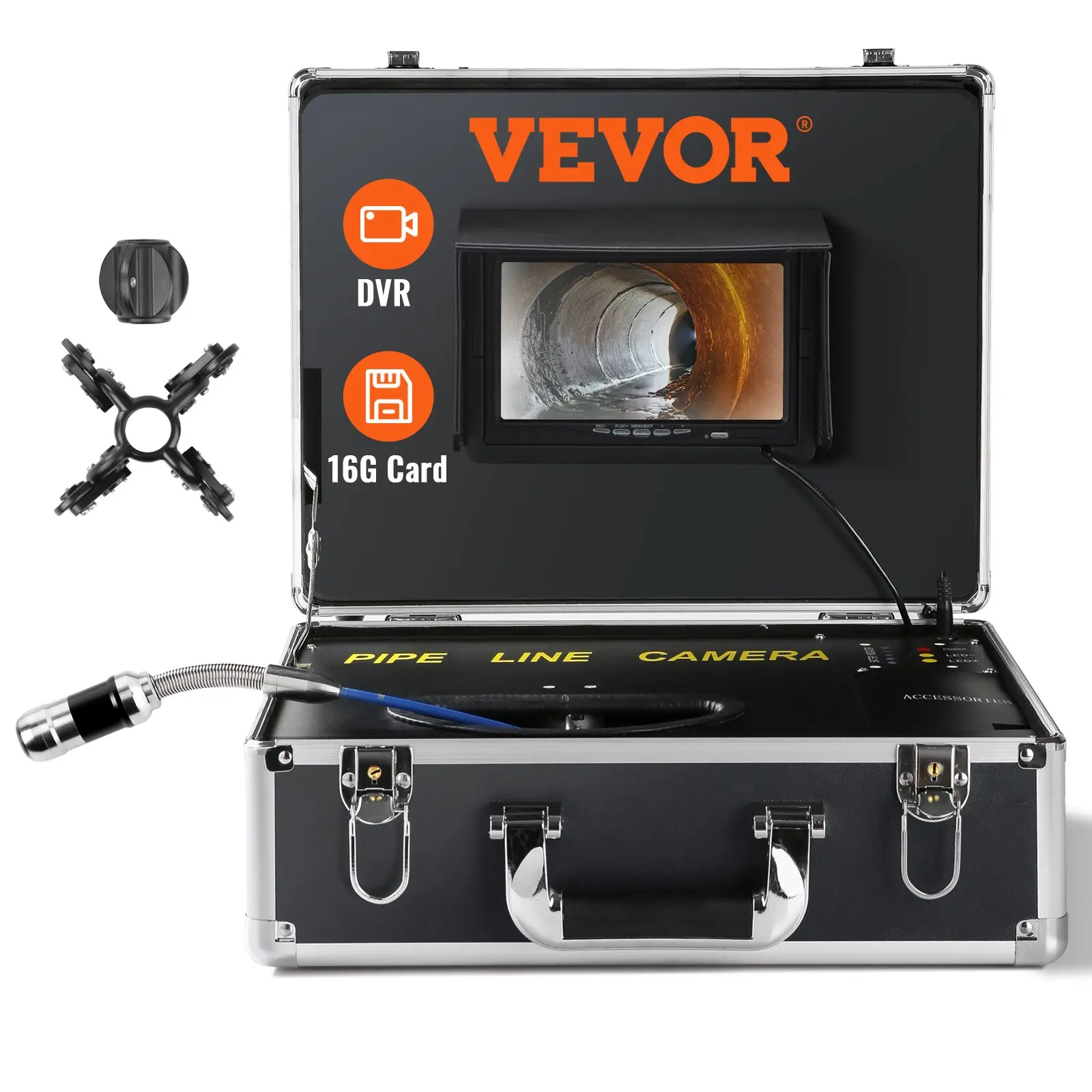VEVOR Sewer Camera, 165 ft/50 m, 7 Screen Pipeline Inspection Camera with DVR Function, Waterproof IP68 Camera, 12pcs Adjustable LED, with a 16 GB SD Card for Sewer Line, Duct Drain Pipe Plumbing