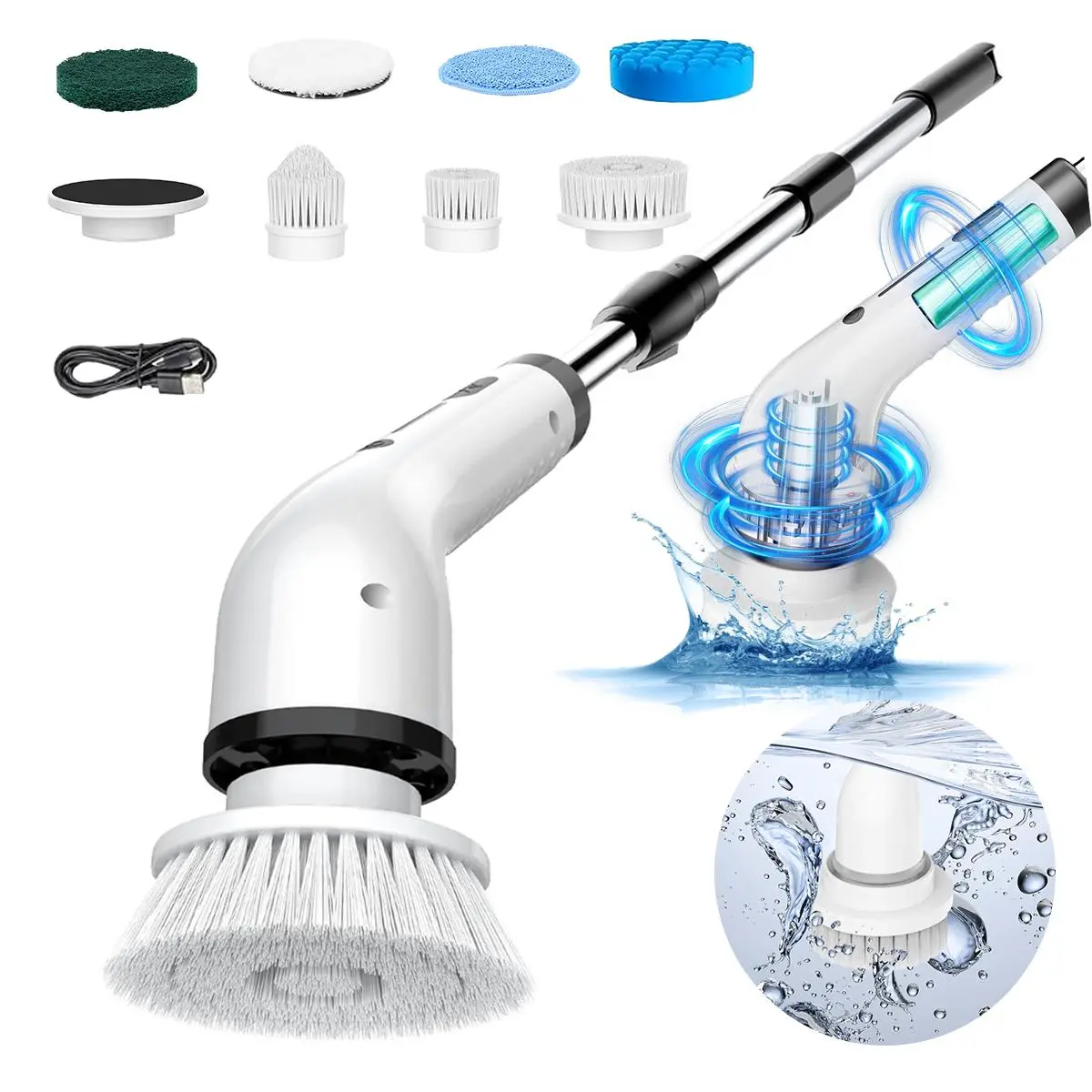 Cordless Electric Spin Scrubber - IPX7 Waterproof Powerful Cleaning Tool, USB Rechargeable Household Kit with Adjustable Speed, Extendable Handle, Long Battery Life, Handheld Brush for Bathroom, Kitchen,dorm essentials,home essentials