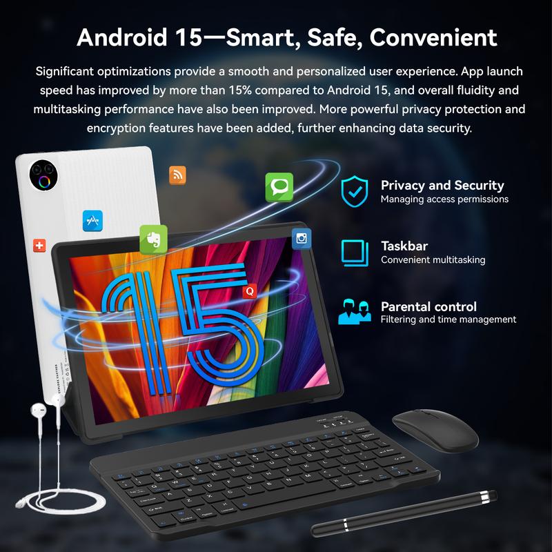 10.1-Inch 2-in-1 Tablet for Home & Daily Use, Android-Based System, 64GB Storage with TF Card Expansion, 1280×800 Display, Includes Keyboard, Mouse, Case, Stylus & Headphones