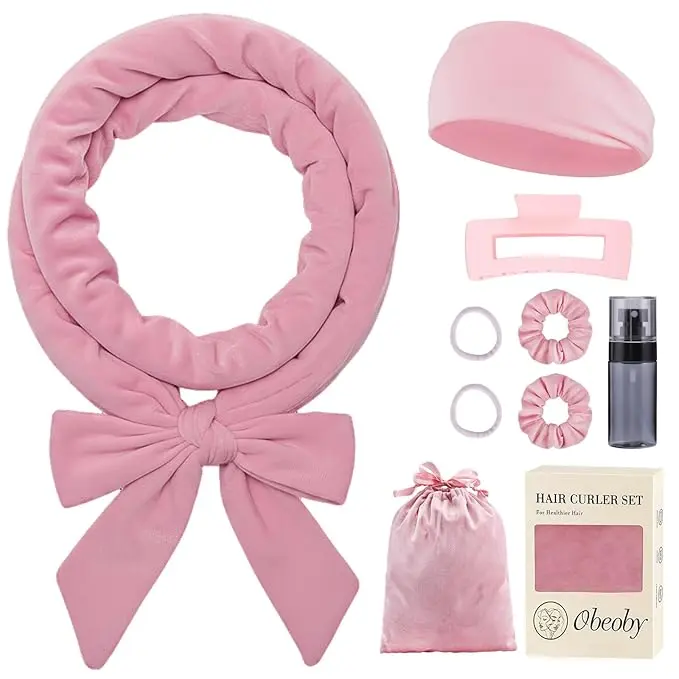Heatless Curls Overnight Set, No Heat Hair Curlers To Sleep In, Hair Rollers with Scrunchies and Clips for Women Long & Short Hair, pink