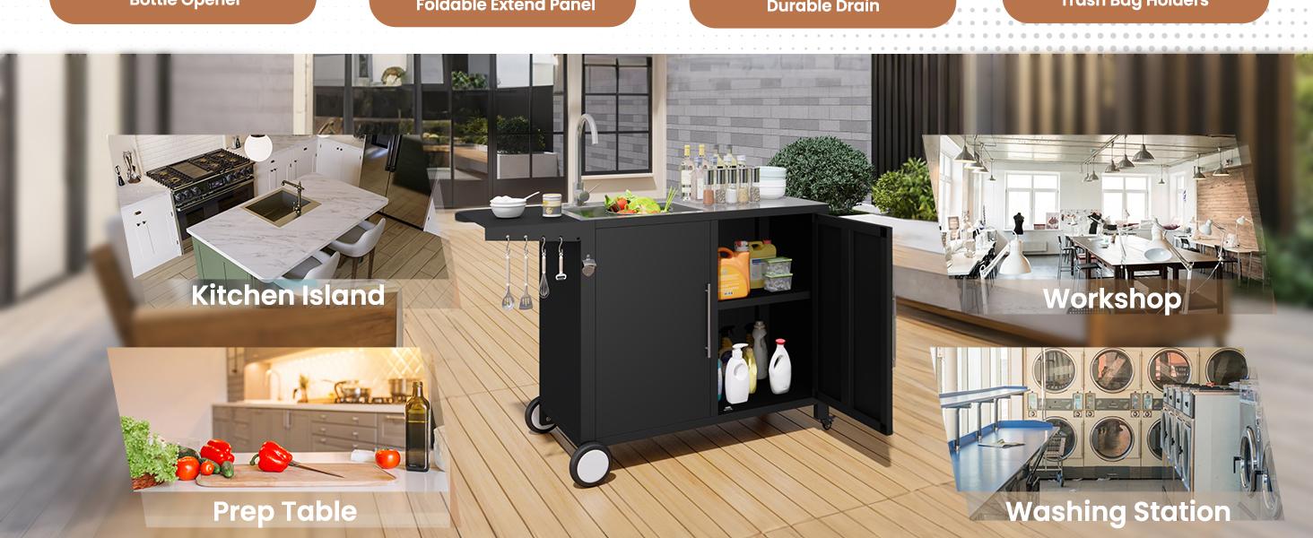 [New Product] AECOJOY Outdoor Kitchen Sink with Hose Hook Up Stainless Steel Grill Prep Table Rolling Pizza Oven Stand BBQ Table for Garden Backyard Lawn Heavy-Duty Commercial-Grade Construction Smart Multi-Functional Adjustable Accent Storage Cabinet