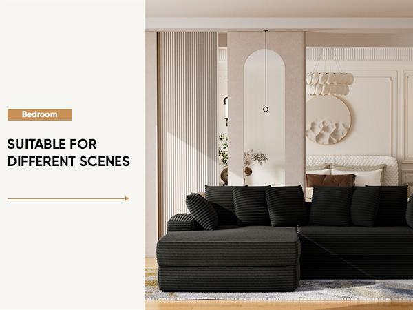 【3 Packages shipping】111‘’ Sectional Cloud Couches with L Shaped Chaise, Extra Large Sleeper Couch Reversible Corduroy with 8pcs Pillows for Living Room, Bedroom-Beige