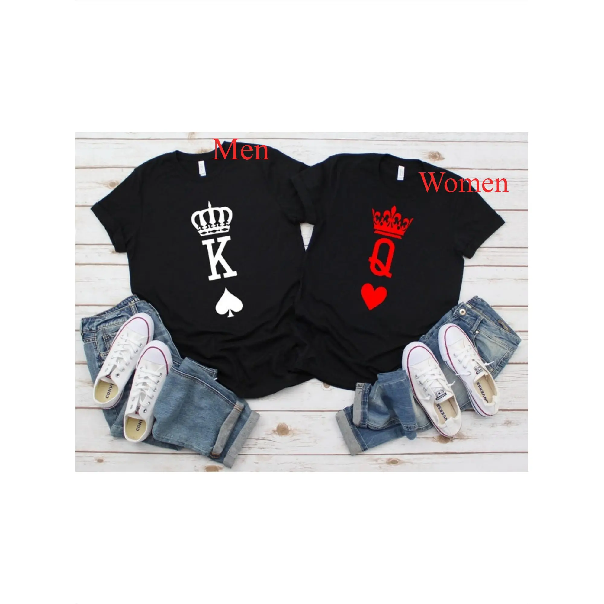 Men's King & Queen of Spades-Hearts Couple T-Shirts, Short Sleeve, Round Neck, Fitted Fit, Soft Cotton Fashion Knitted Fabric, Comfortable All-Season Casual Tops, Shortsleeve, Clothes, Matching Bf And Gf, Heat Transfer, Casual Fit