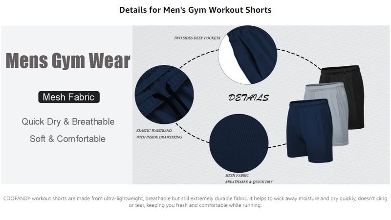 COOFANDY Men's 3 Pack Workout Gym Shorts Mesh Athletic Shorts Lightweight Bodybuilding Training Quick Dry Short Pants with Elastic Waistband & Adjustable Drawstring