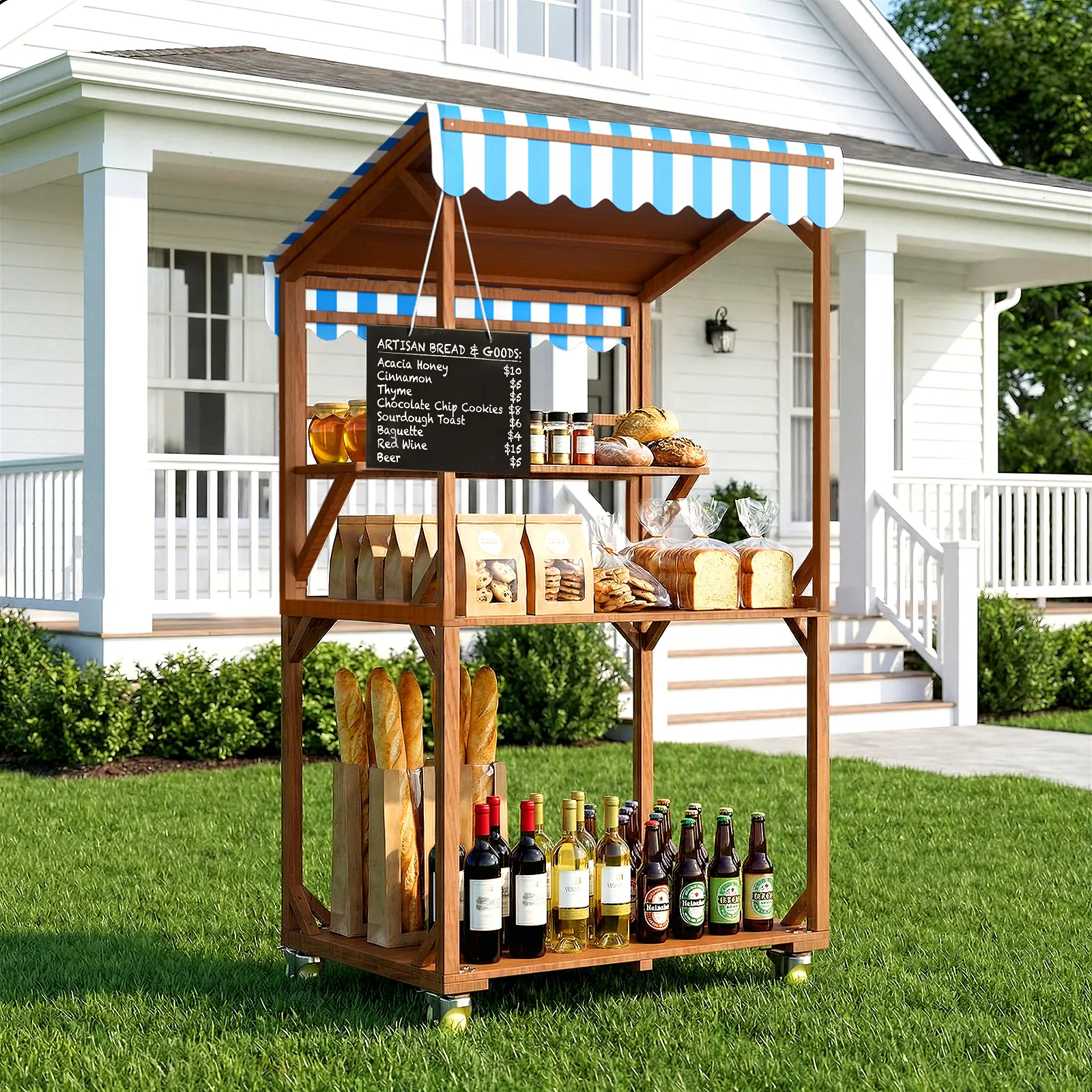 Wooden Farm Stand Cart, Solid Wood Farmers Market Stand with Wood Roof, Heavy Duty Display Table with Lockable Wheels, for Events & Small Business, Light Brown