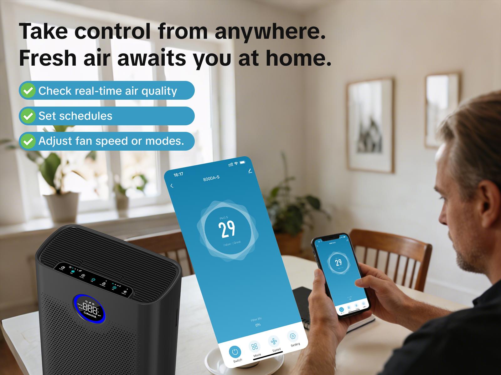 Smart WiFi Air Purifier with APP Control – H14 True HEPA High-Efficiency Filter, Ultra Quiet 24dB, 5 Fan Speeds & Auto Mode, Child Lock & Timer, Ideal for Bedroom, Living Room, Office home