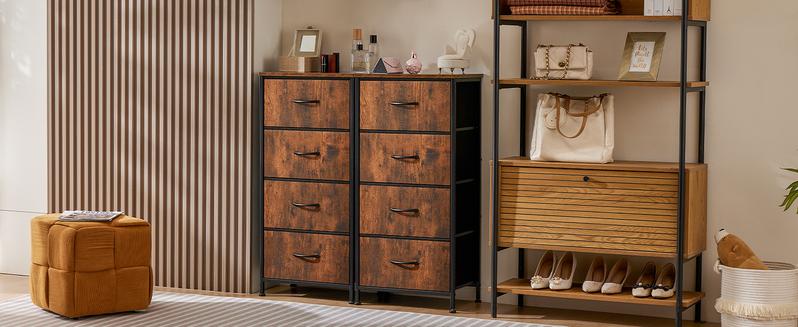 Dresser for Bedroom, Storage Drawers, Skinny Fabric Storage Tower with 4 Drawers, Tower Organizer Unit, Chest of Drawers with Wooden