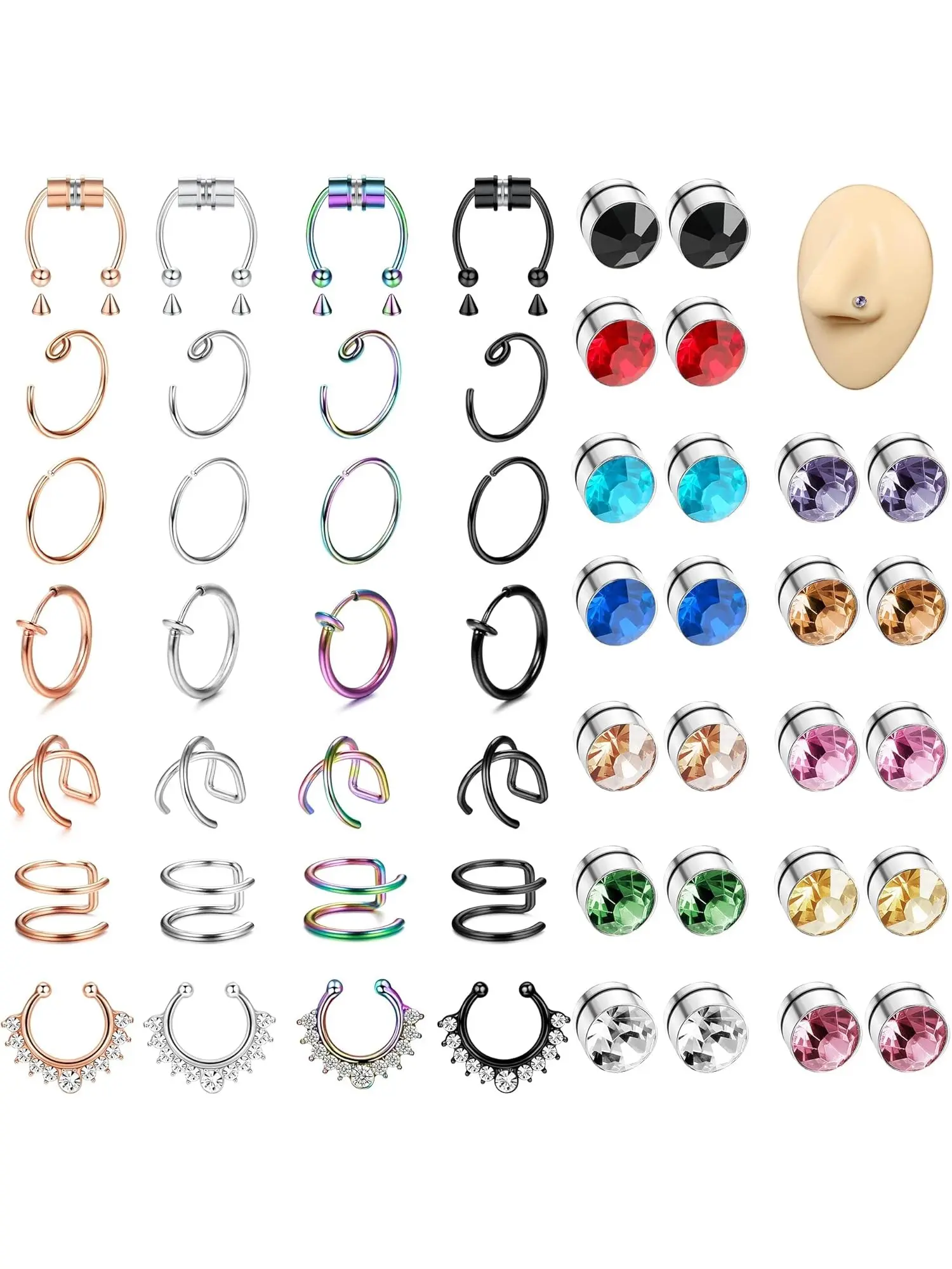 52 Pcs Colorful Fake Nose Rings Hoops Set, Fake Piercings, Body Jewelry for Women Men Stainless Steel Alloy Magnetic Clip-on Non-piercing Design for Effortless Wear Assorted Kit Rich Vibrant Colors Diverse Classic Styles Realistic Nose Piercing Looks