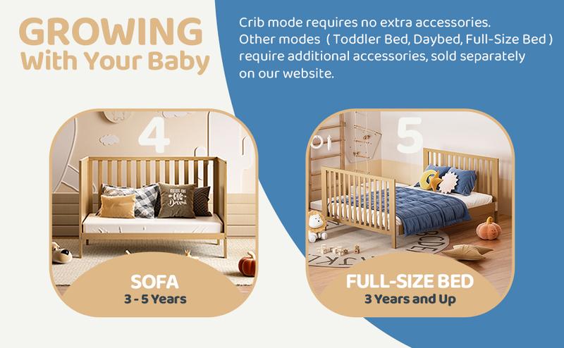 HARPPA 5-in-1 Wooden Convertible Crib, Converts to Toddler Bed, Daybed, Sofa & Full-Size Bed, 3 Adjustable Heights, Non-Toxic Finish Sustainable Nature Pinewood