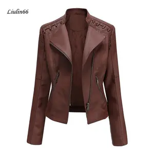 Women's Faux Leather Jacket, Long Sleeve Lapel Zip Up Moto Biker Short Coat with Pockets Basic Casual Tops Suits Can be used with a raincoat