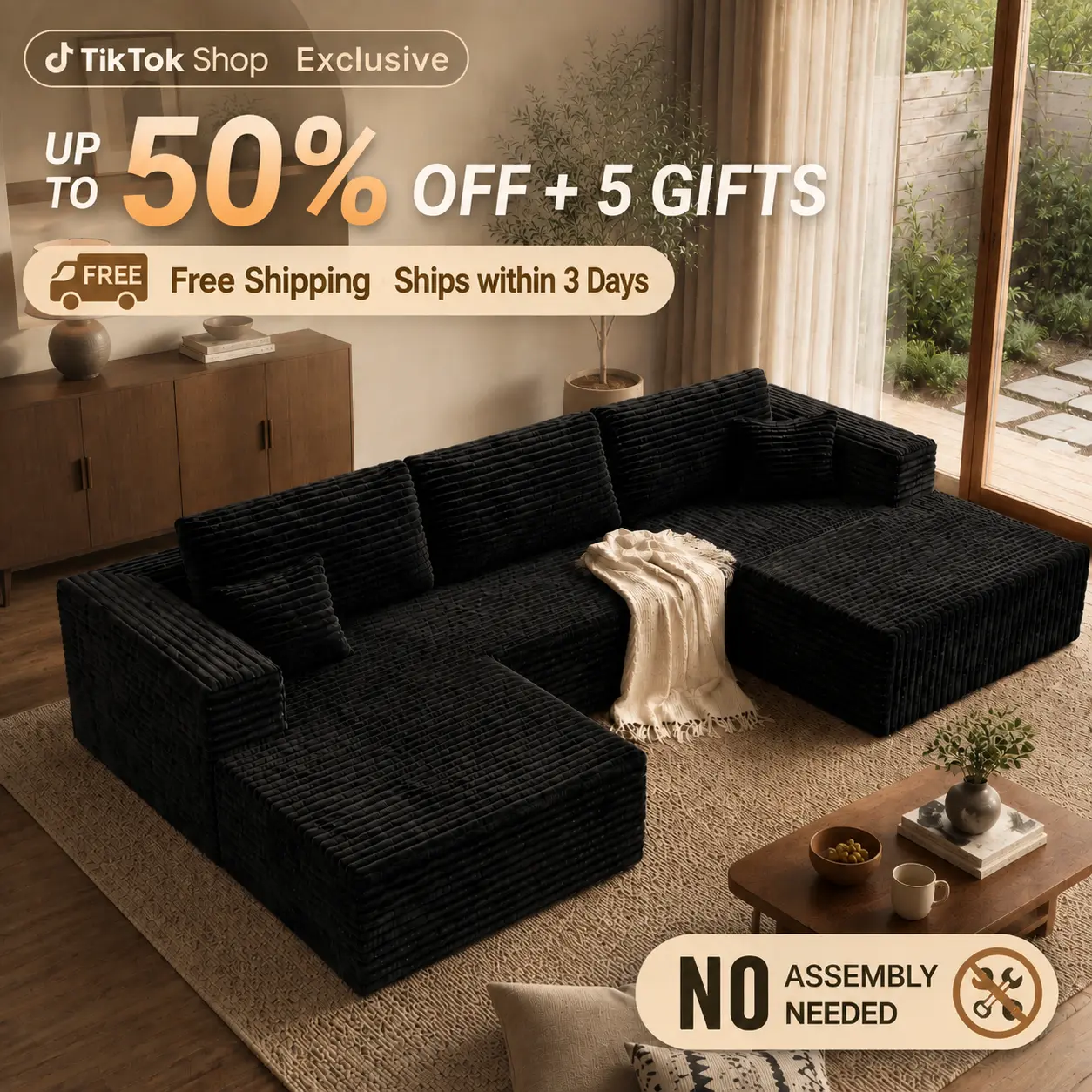 【Ships in 2 Boxes】Corduroy Modular Boneless Cloud Couch, 118"/ 92.5" Available, Extra Deep Seat, No Assembly Required, Pet-Friendly, Low Odor & Mold Resistant
