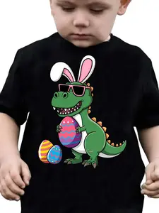 Toddler Boys Happy Easter Dinosaur Bunny T-Shirt, Cool Dino Wearing Rabbit Ears Graphic Tee for Kids, Little Boys Short Sleeve Cotton Shirt, Mother's Day Gift for Boys