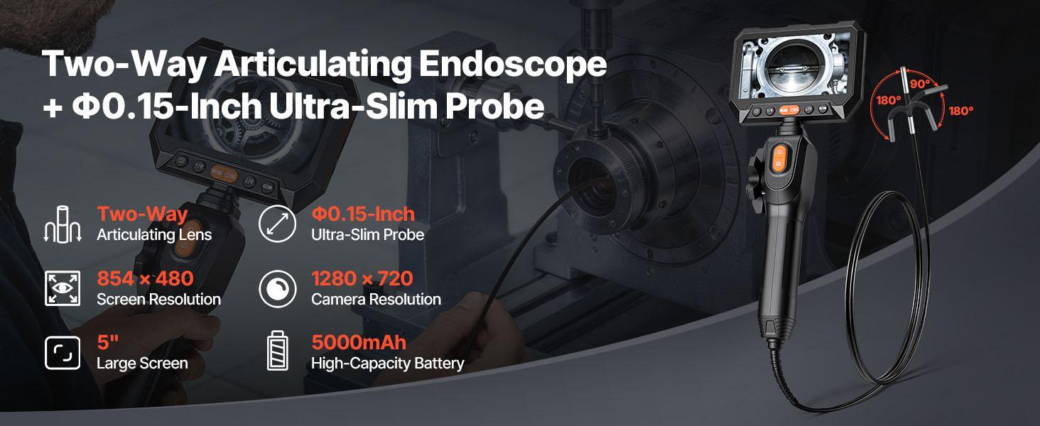 【Summerfinds】VEVOR 2-Way Articulating Endoscope, 1080P HD Lighted Waterproof Industrial Borescope with 0.15-inch Ultra-Slim Articulated Probe, 4.9FT Flexible Snake Scope for Car Automotive Engine Wall Inspection, Endoscope Borescope