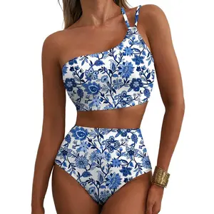 2-Piece Women’s High-Waist Bikini Set, One-Shoulder Printed Swimsuit with Tummy Control